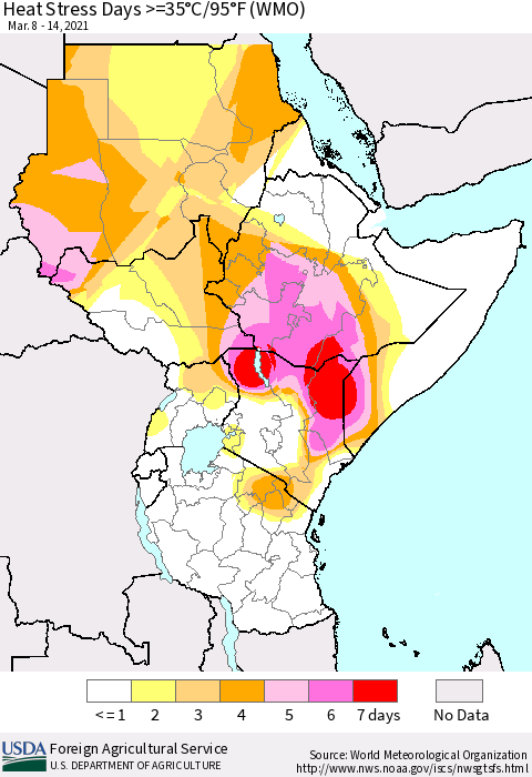 Eastern Africa Heat Stress Days >=35°C/95°F (WMO) Thematic Map For 3/8/2021 - 3/14/2021