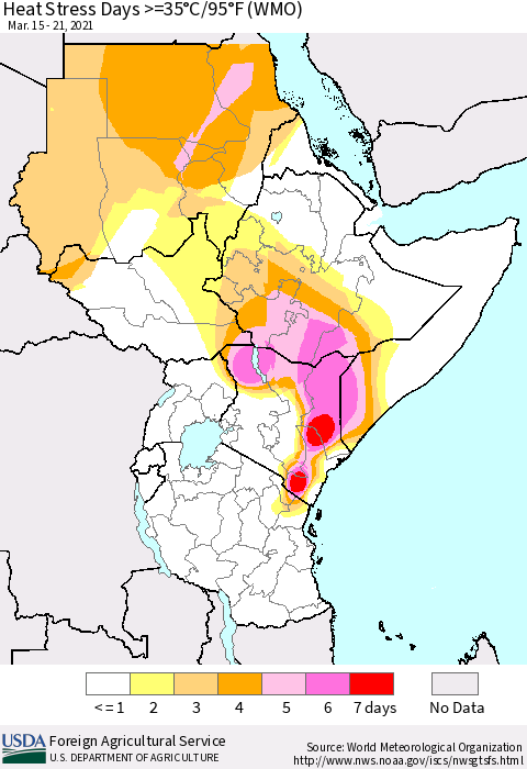 Eastern Africa Heat Stress Days >=35°C/95°F (WMO) Thematic Map For 3/15/2021 - 3/21/2021