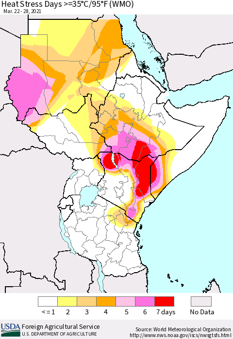 Eastern Africa Heat Stress Days >=35°C/95°F (WMO) Thematic Map For 3/22/2021 - 3/28/2021