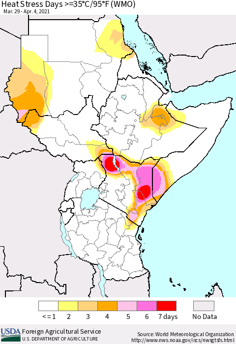 Eastern Africa Heat Stress Days >=35°C/95°F (WMO) Thematic Map For 3/29/2021 - 4/4/2021