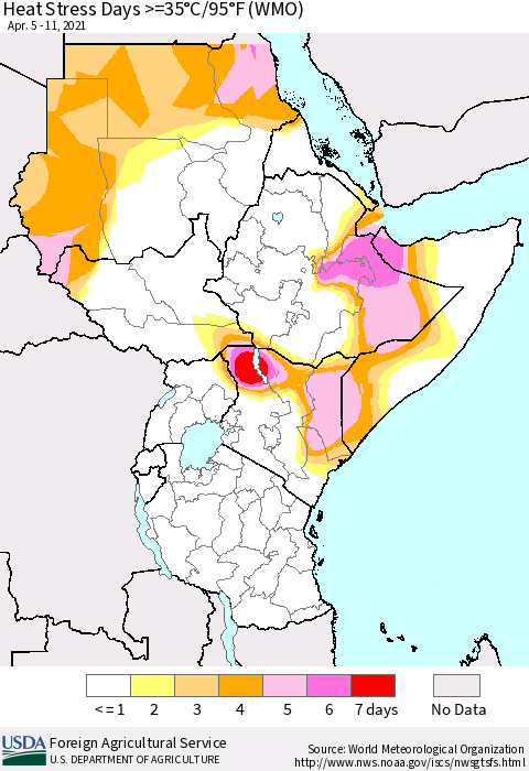 Eastern Africa Heat Stress Days >=35°C/95°F (WMO) Thematic Map For 4/5/2021 - 4/11/2021