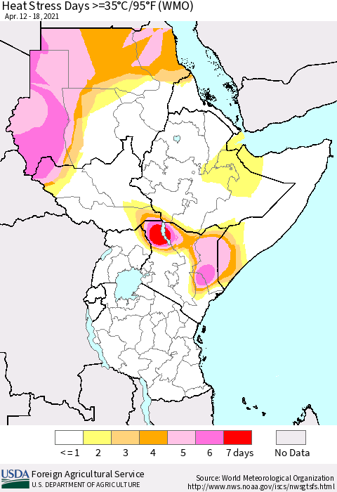 Eastern Africa Heat Stress Days >=35°C/95°F (WMO) Thematic Map For 4/12/2021 - 4/18/2021