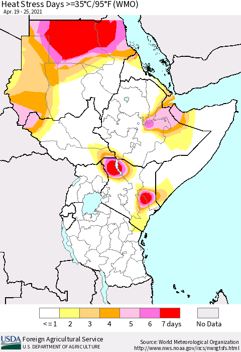 Eastern Africa Heat Stress Days >=35°C/95°F (WMO) Thematic Map For 4/19/2021 - 4/25/2021
