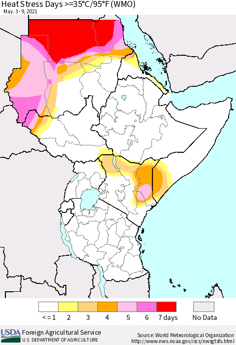 Eastern Africa Heat Stress Days >=35°C/95°F (WMO) Thematic Map For 5/3/2021 - 5/9/2021