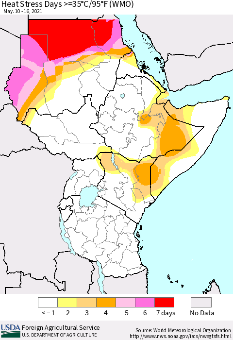 Eastern Africa Heat Stress Days >=35°C/95°F (WMO) Thematic Map For 5/10/2021 - 5/16/2021