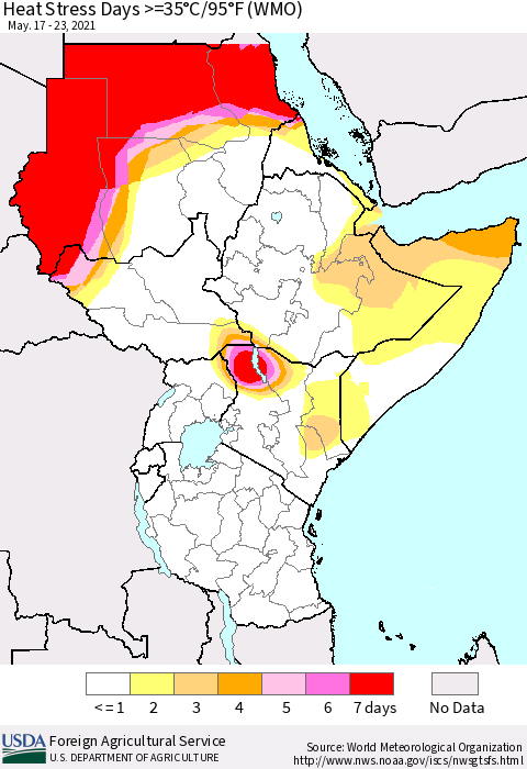 Eastern Africa Heat Stress Days >=35°C/95°F (WMO) Thematic Map For 5/17/2021 - 5/23/2021