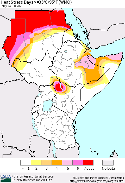 Eastern Africa Heat Stress Days >=35°C/95°F (WMO) Thematic Map For 5/24/2021 - 5/30/2021
