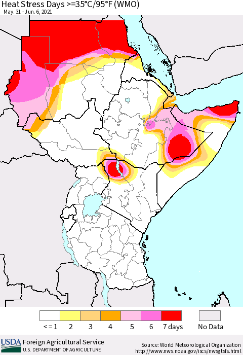 Eastern Africa Heat Stress Days >=35°C/95°F (WMO) Thematic Map For 5/31/2021 - 6/6/2021