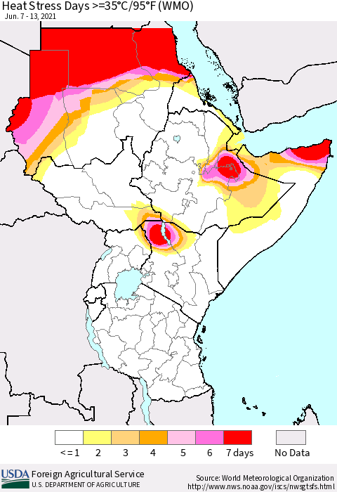 Eastern Africa Heat Stress Days >=35°C/95°F (WMO) Thematic Map For 6/7/2021 - 6/13/2021