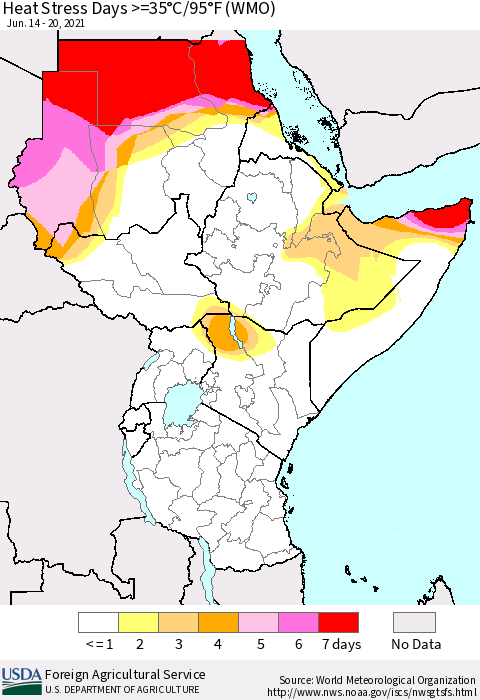 Eastern Africa Heat Stress Days >=35°C/95°F (WMO) Thematic Map For 6/14/2021 - 6/20/2021