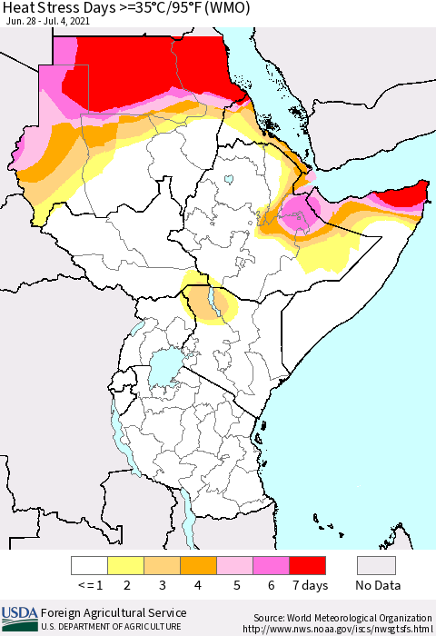 Eastern Africa Heat Stress Days >=35°C/95°F (WMO) Thematic Map For 6/28/2021 - 7/4/2021