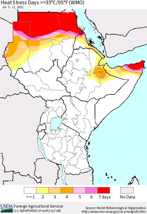 Eastern Africa Heat Stress Days >=35°C/95°F (WMO) Thematic Map For 7/5/2021 - 7/11/2021