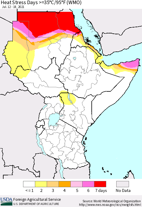 Eastern Africa Heat Stress Days >=35°C/95°F (WMO) Thematic Map For 7/12/2021 - 7/18/2021