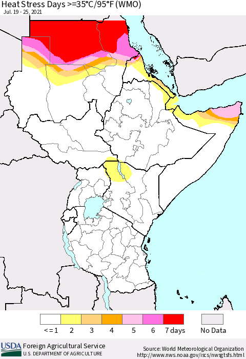 Eastern Africa Heat Stress Days >=35°C/95°F (WMO) Thematic Map For 7/19/2021 - 7/25/2021