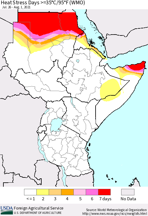 Eastern Africa Heat Stress Days >=35°C/95°F (WMO) Thematic Map For 7/26/2021 - 8/1/2021
