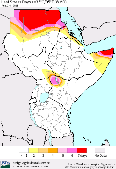 Eastern Africa Heat Stress Days >=35°C/95°F (WMO) Thematic Map For 8/2/2021 - 8/8/2021