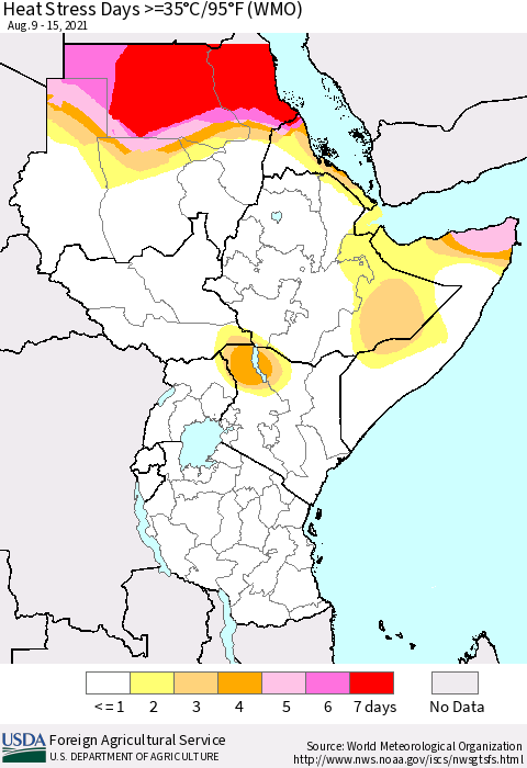 Eastern Africa Heat Stress Days >=35°C/95°F (WMO) Thematic Map For 8/9/2021 - 8/15/2021
