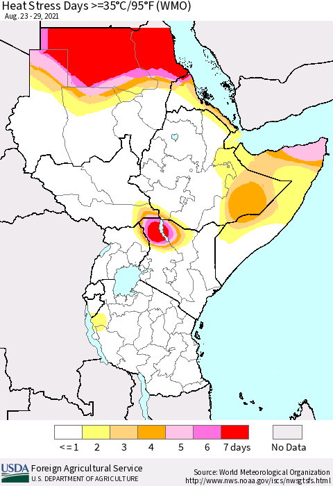 Eastern Africa Heat Stress Days >=35°C/95°F (WMO) Thematic Map For 8/23/2021 - 8/29/2021