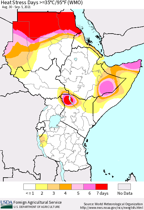 Eastern Africa Heat Stress Days >=35°C/95°F (WMO) Thematic Map For 8/30/2021 - 9/5/2021
