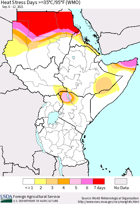 Eastern Africa Heat Stress Days >=35°C/95°F (WMO) Thematic Map For 9/6/2021 - 9/12/2021