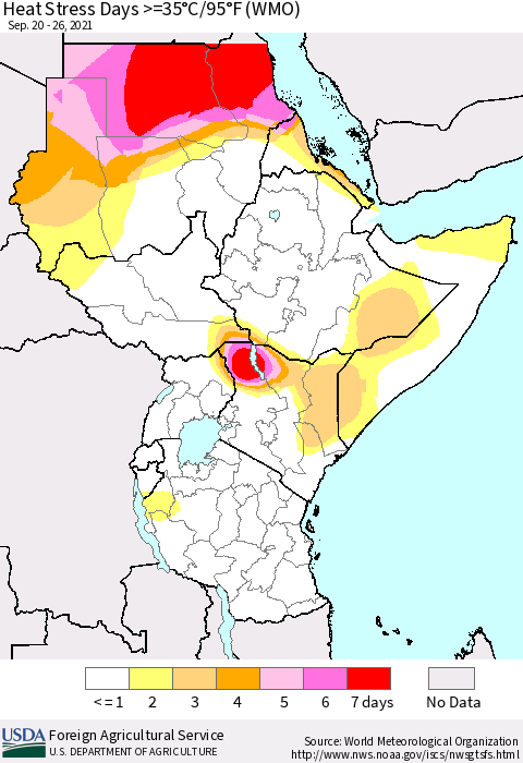 Eastern Africa Heat Stress Days >=35°C/95°F (WMO) Thematic Map For 9/20/2021 - 9/26/2021