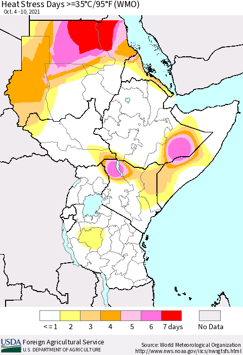 Eastern Africa Heat Stress Days >=35°C/95°F (WMO) Thematic Map For 10/4/2021 - 10/10/2021