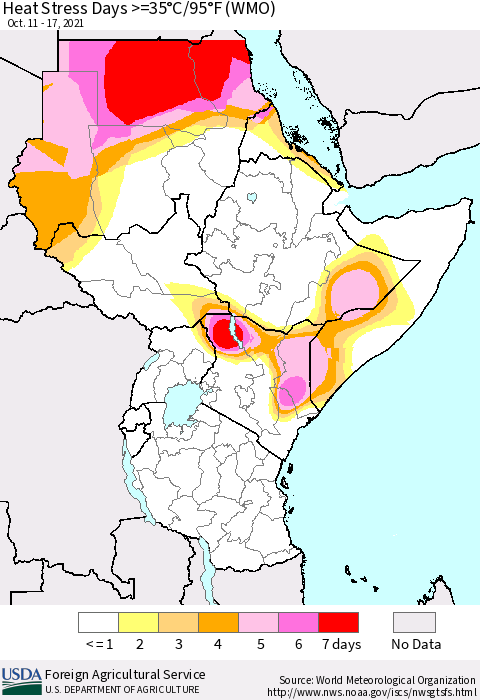 Eastern Africa Heat Stress Days >=35°C/95°F (WMO) Thematic Map For 10/11/2021 - 10/17/2021