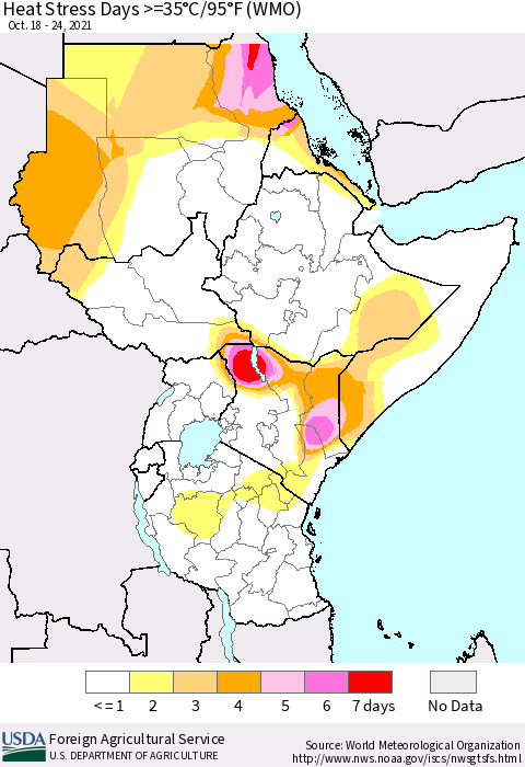 Eastern Africa Heat Stress Days >=35°C/95°F (WMO) Thematic Map For 10/18/2021 - 10/24/2021