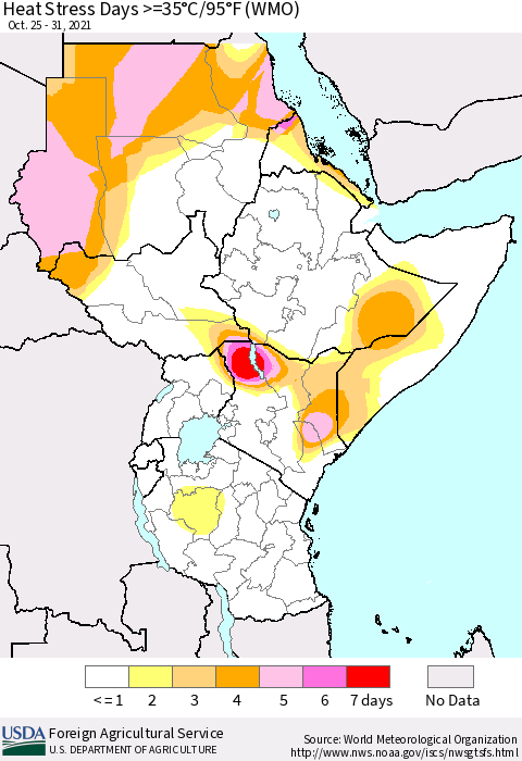 Eastern Africa Heat Stress Days >=35°C/95°F (WMO) Thematic Map For 10/25/2021 - 10/31/2021