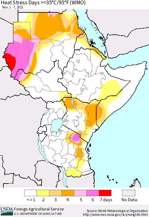 Eastern Africa Heat Stress Days >=35°C/95°F (WMO) Thematic Map For 11/1/2021 - 11/7/2021