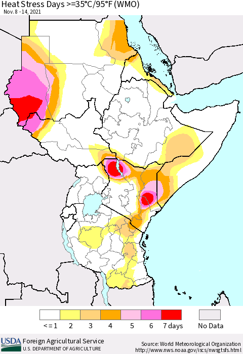 Eastern Africa Heat Stress Days >=35°C/95°F (WMO) Thematic Map For 11/8/2021 - 11/14/2021