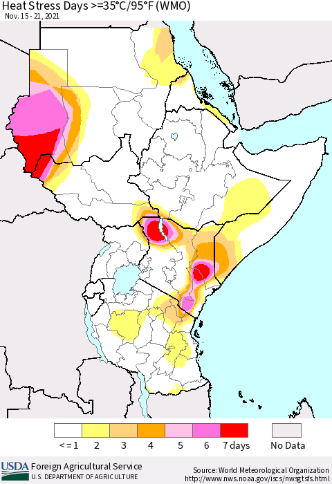 Eastern Africa Heat Stress Days >=35°C/95°F (WMO) Thematic Map For 11/15/2021 - 11/21/2021