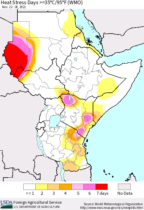 Eastern Africa Heat Stress Days >=35°C/95°F (WMO) Thematic Map For 11/22/2021 - 11/28/2021