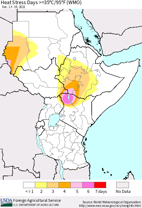 Eastern Africa Heat Stress Days >=35°C/95°F (WMO) Thematic Map For 12/13/2021 - 12/19/2021