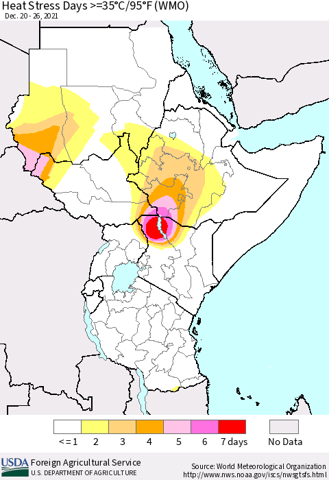 Eastern Africa Heat Stress Days >=35°C/95°F (WMO) Thematic Map For 12/20/2021 - 12/26/2021