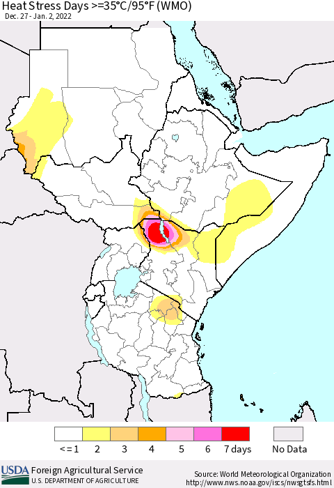 Eastern Africa Heat Stress Days >=35°C/95°F (WMO) Thematic Map For 12/27/2021 - 1/2/2022