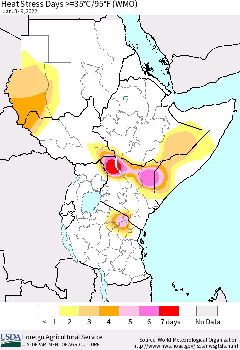 Eastern Africa Heat Stress Days >=35°C/95°F (WMO) Thematic Map For 1/3/2022 - 1/9/2022