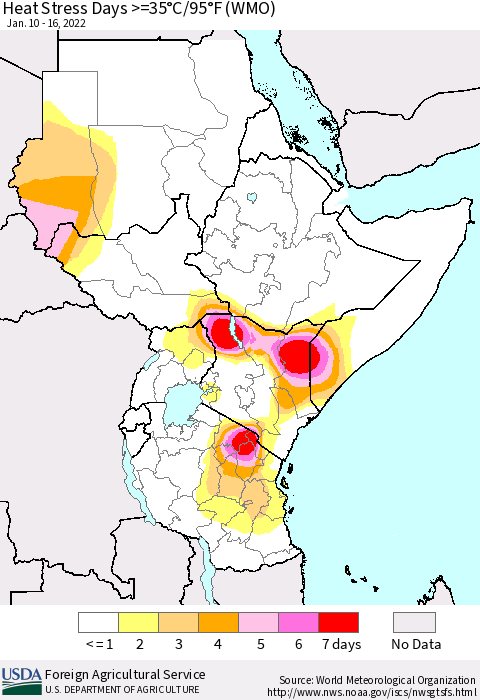 Eastern Africa Heat Stress Days >=35°C/95°F (WMO) Thematic Map For 1/10/2022 - 1/16/2022