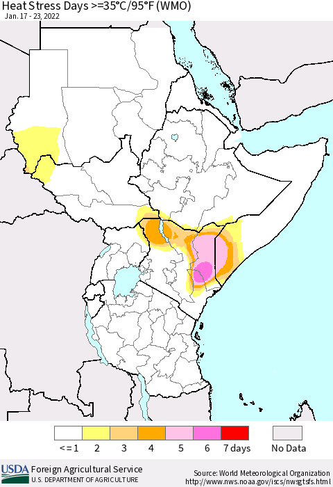 Eastern Africa Heat Stress Days >=35°C/95°F (WMO) Thematic Map For 1/17/2022 - 1/23/2022