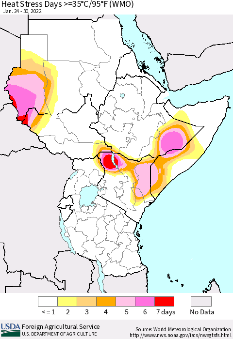 Eastern Africa Heat Stress Days >=35°C/95°F (WMO) Thematic Map For 1/24/2022 - 1/30/2022