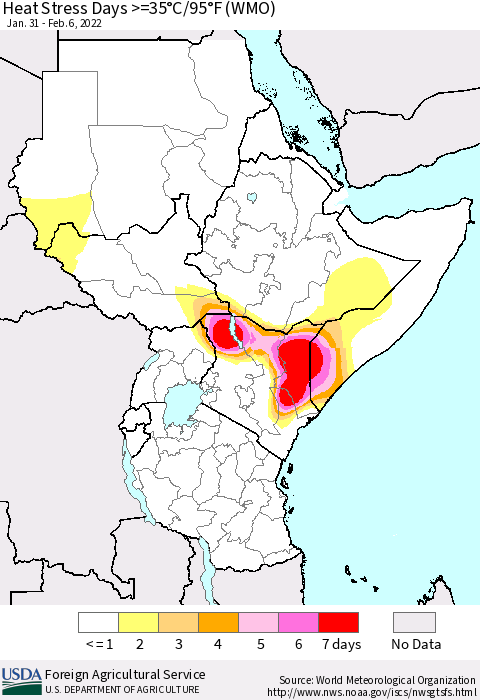 Eastern Africa Heat Stress Days >=35°C/95°F (WMO) Thematic Map For 1/31/2022 - 2/6/2022