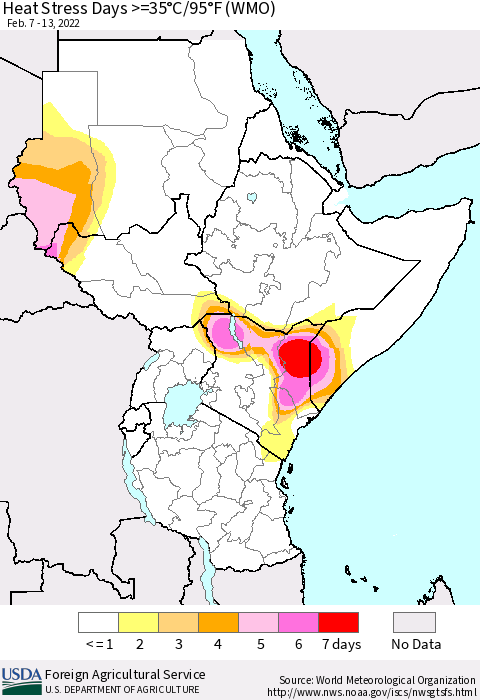 Eastern Africa Heat Stress Days >=35°C/95°F (WMO) Thematic Map For 2/7/2022 - 2/13/2022