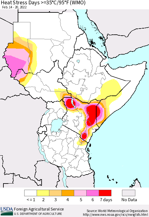 Eastern Africa Heat Stress Days >=35°C/95°F (WMO) Thematic Map For 2/14/2022 - 2/20/2022
