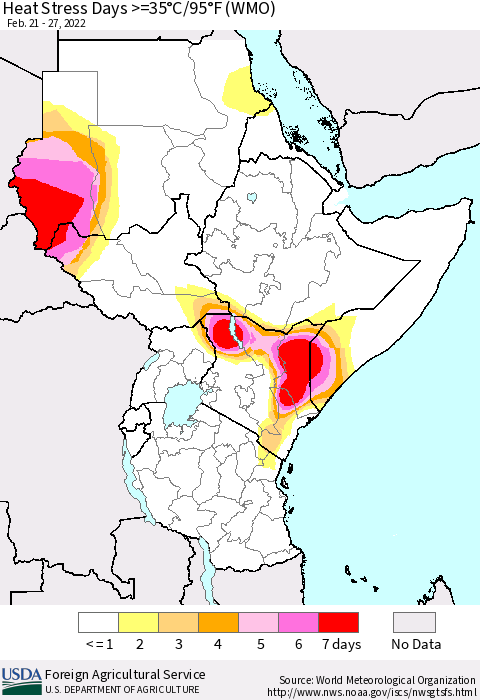 Eastern Africa Heat Stress Days >=35°C/95°F (WMO) Thematic Map For 2/21/2022 - 2/27/2022