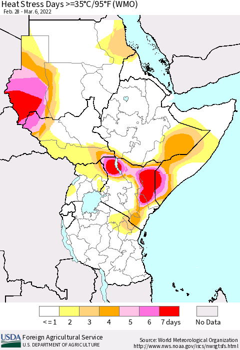 Eastern Africa Heat Stress Days >=35°C/95°F (WMO) Thematic Map For 2/28/2022 - 3/6/2022