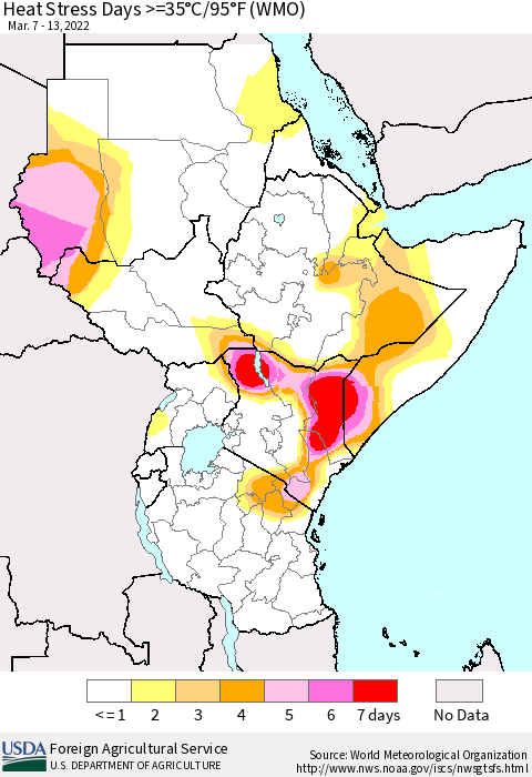Eastern Africa Heat Stress Days >=35°C/95°F (WMO) Thematic Map For 3/7/2022 - 3/13/2022