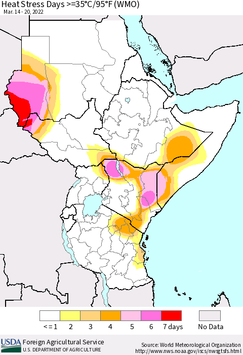 Eastern Africa Heat Stress Days >=35°C/95°F (WMO) Thematic Map For 3/14/2022 - 3/20/2022