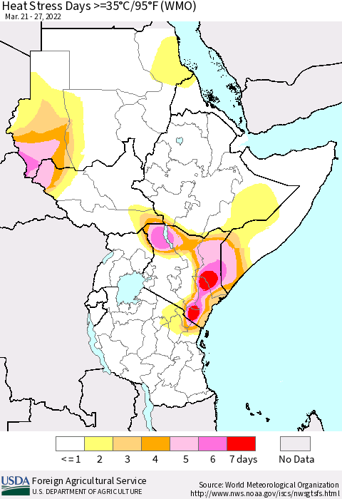 Eastern Africa Heat Stress Days >=35°C/95°F (WMO) Thematic Map For 3/21/2022 - 3/27/2022