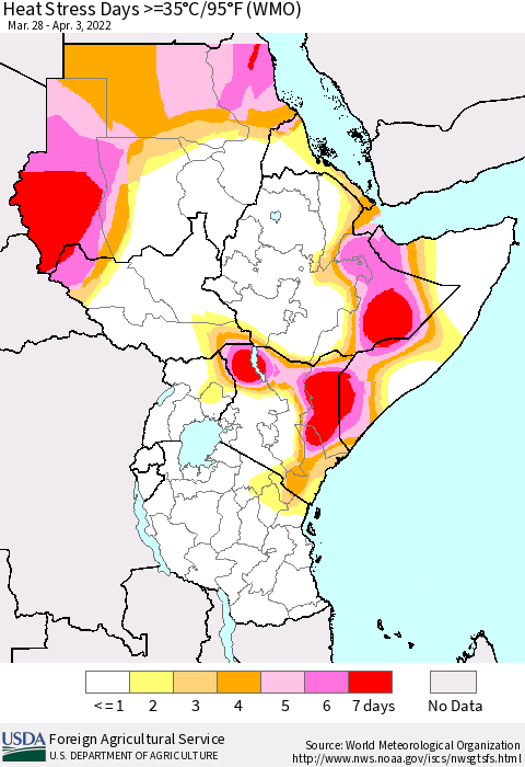 Eastern Africa Heat Stress Days >=35°C/95°F (WMO) Thematic Map For 3/28/2022 - 4/3/2022