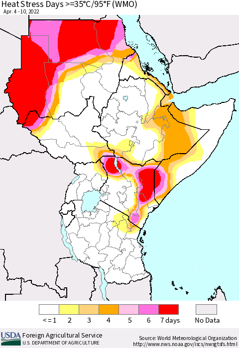 Eastern Africa Heat Stress Days >=35°C/95°F (WMO) Thematic Map For 4/4/2022 - 4/10/2022